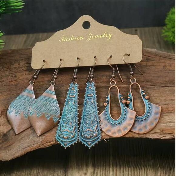 Ancient Green Teal & Bronze Vintage Pendant Earrings Folklore Drop Dangle 3 Pair - Picture 2 of 7